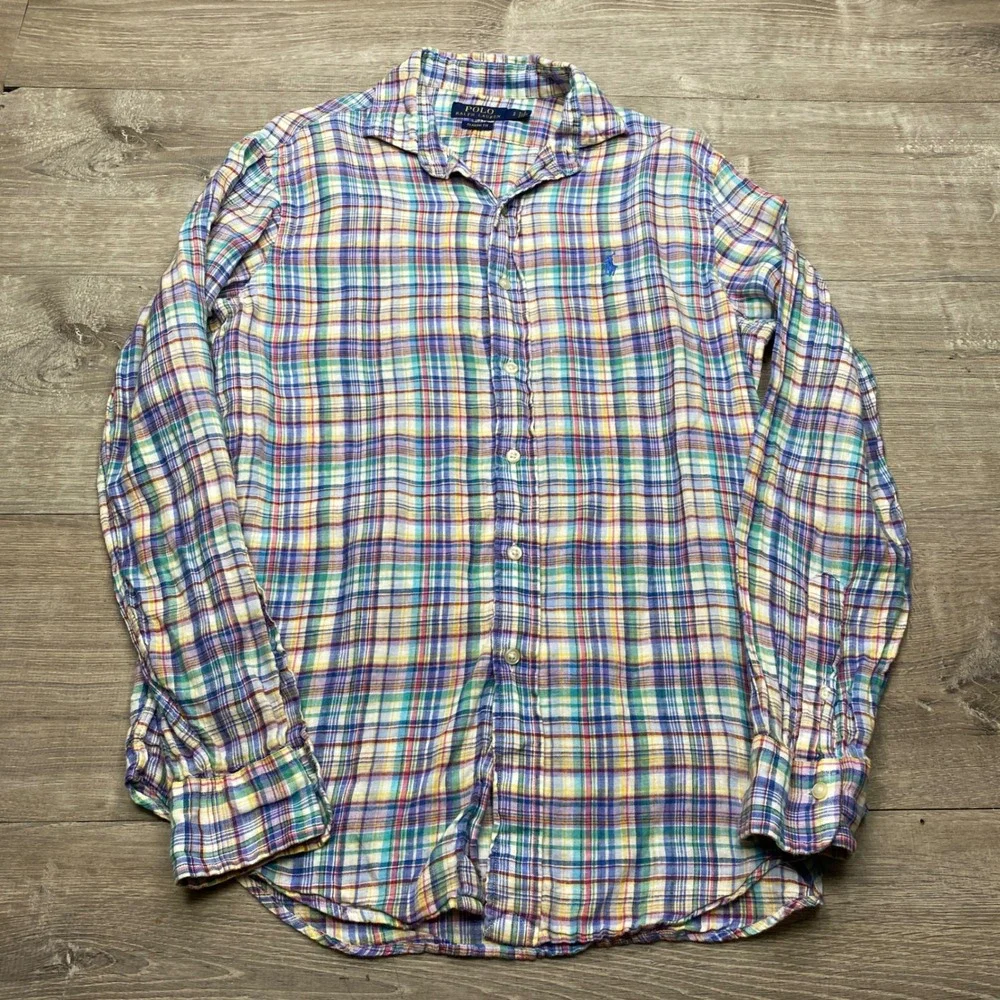 Polo Ralph Lauren Shirt Down Mens Small Plaid 100% Linen Classic Fit
